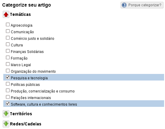 Categoria escolhida na criação de artigo