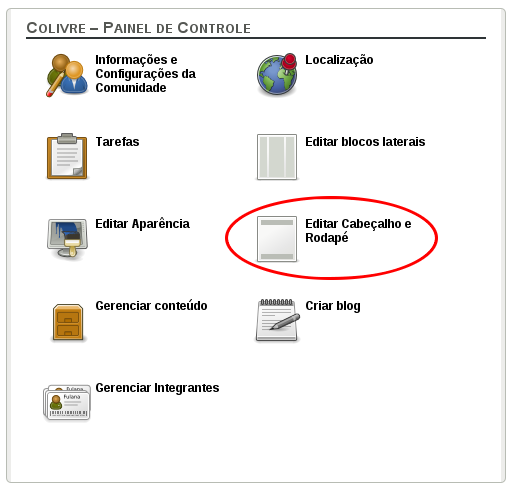 Editar cabeçalho e rodapé no controle de painel da comunidade