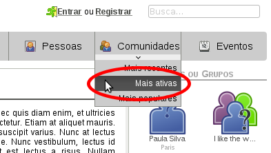 Comunidades mais ativas no menu superior