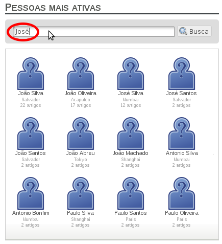 Campo de busca de pessoas mais ativas
