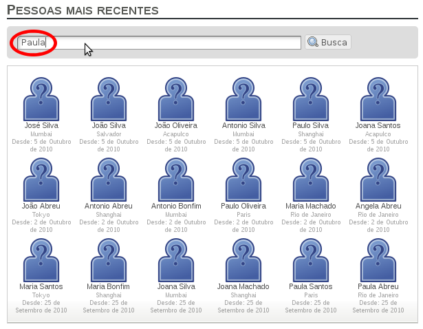 Campo de busca de pessoas mais recentes