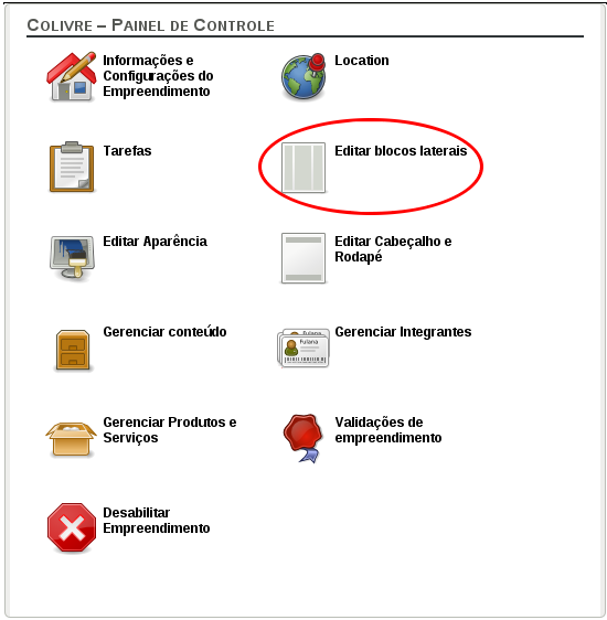 Editar blocos laterais no painel de controle do empreendimento